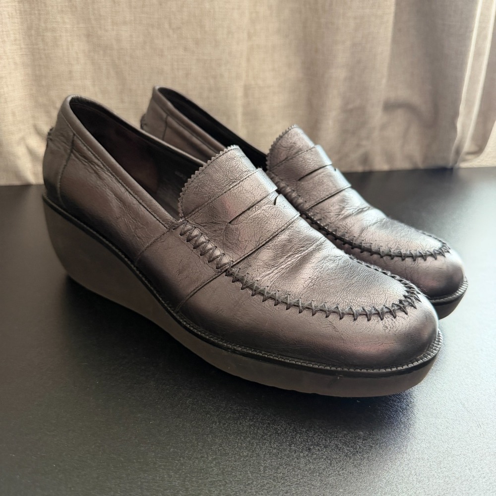 Donald J Pliner Wedge Loafers Women's 9.5M Blackish Gray Metallic Slip On Career